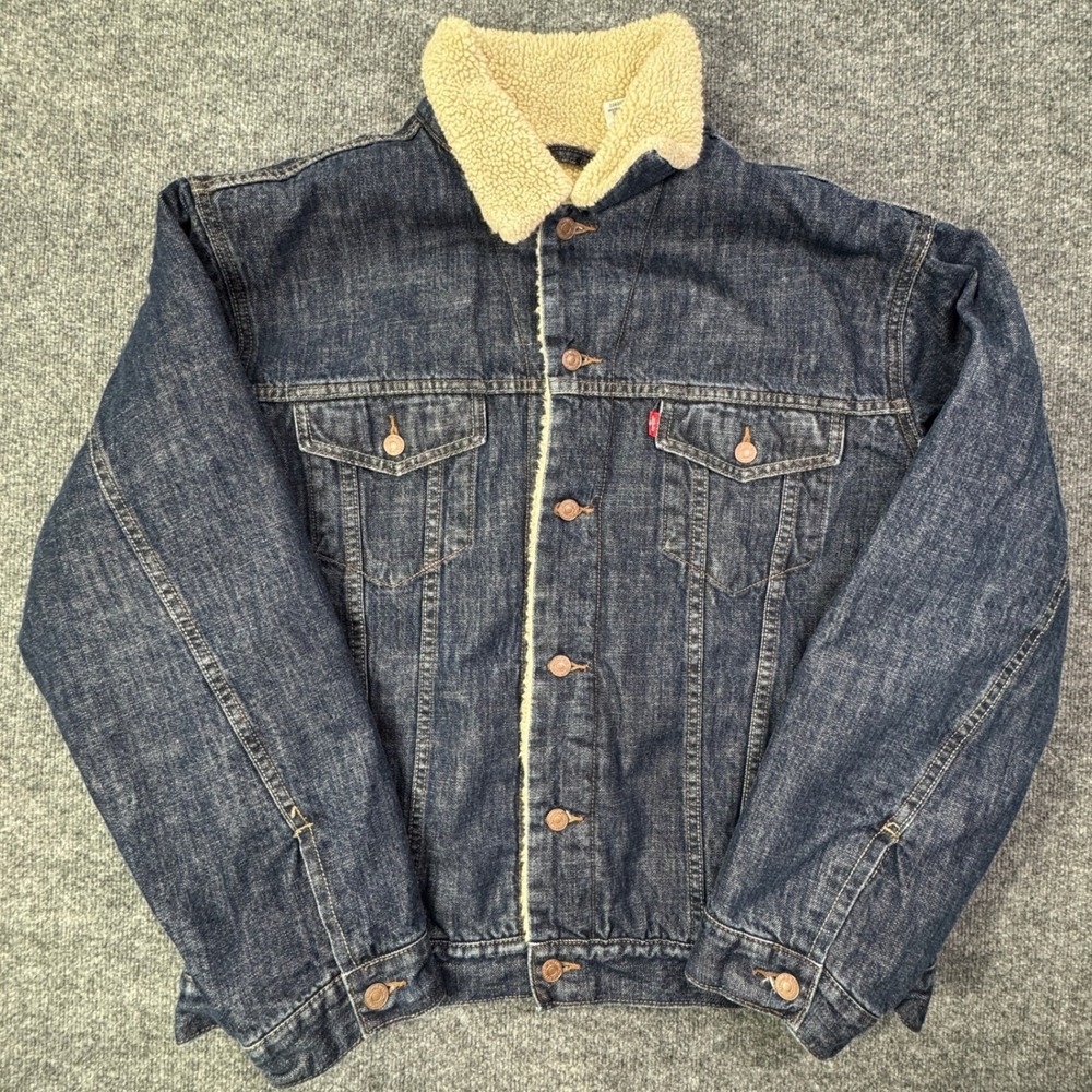 Levis Sherpa Lined Denim Trucker Jacket Mens XL Blue Fleece Trucker